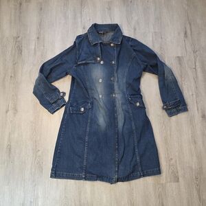 Denim&Co Dark Blue Long Denim Trench Duster Jacket Coat Size 42 Large